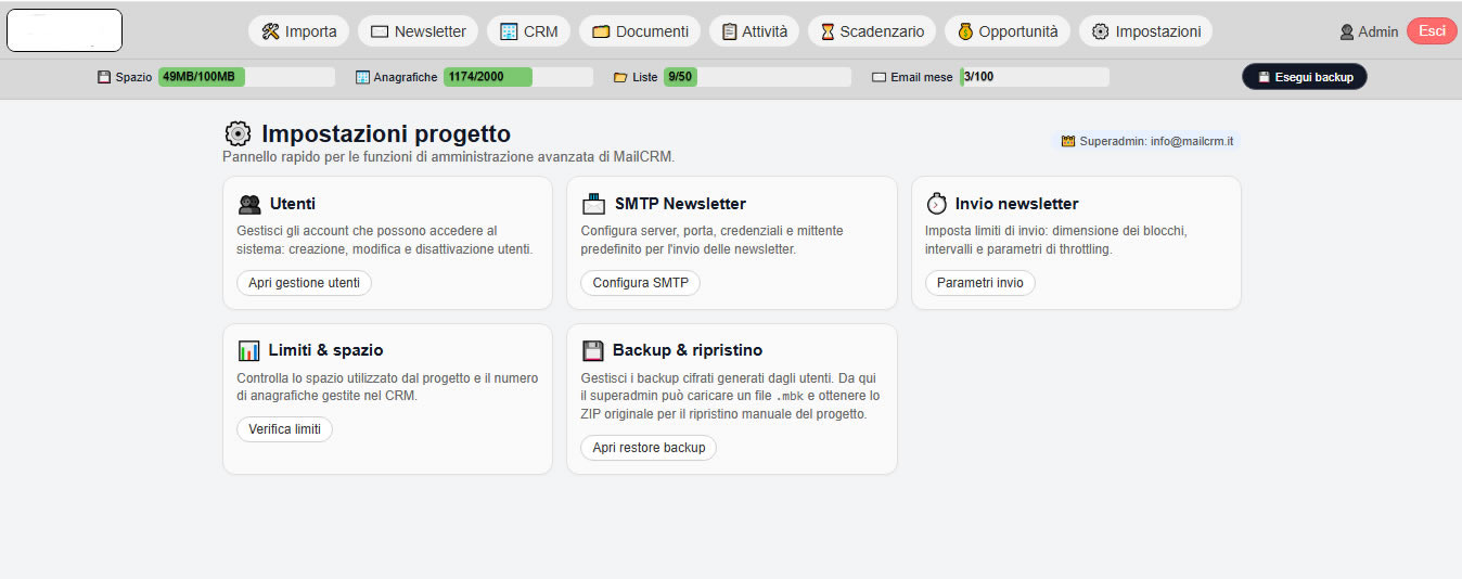 Impostazioni e configurazione Admin